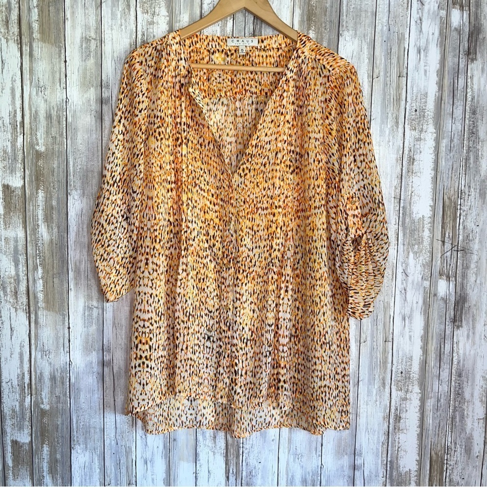 Chaus Orange Printed Sheer Button Up